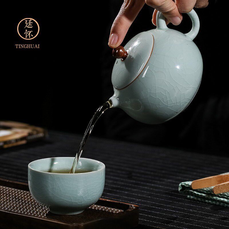 廷怀窑汝窑西施壶中式单壶开片大号家用金丝复古陶瓷茶壶汝瓷可养