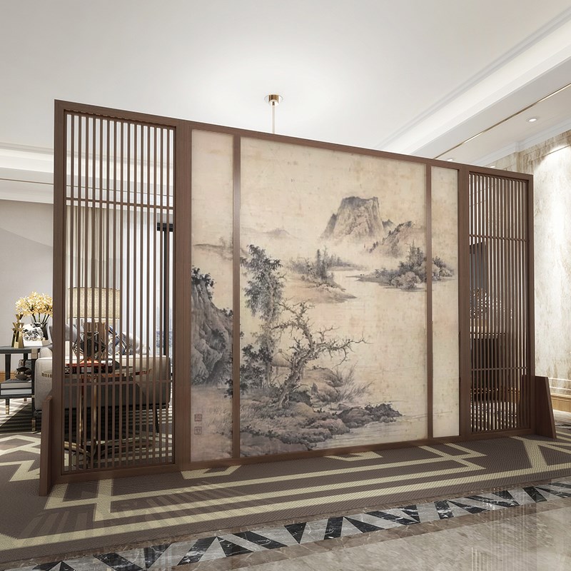 新中式定制实木屏风隔断客厅茶室办公室玄关背景墙装饰座屏山水画