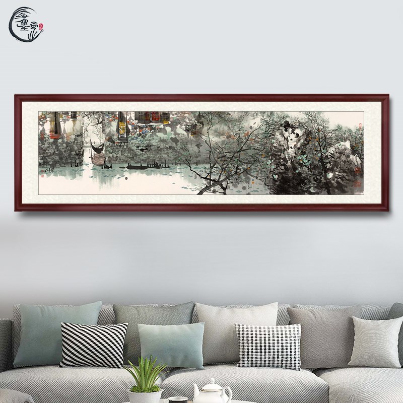 江南水乡风景国画办公装饰画水村风情图中式宣纸山水画挂画水墨画