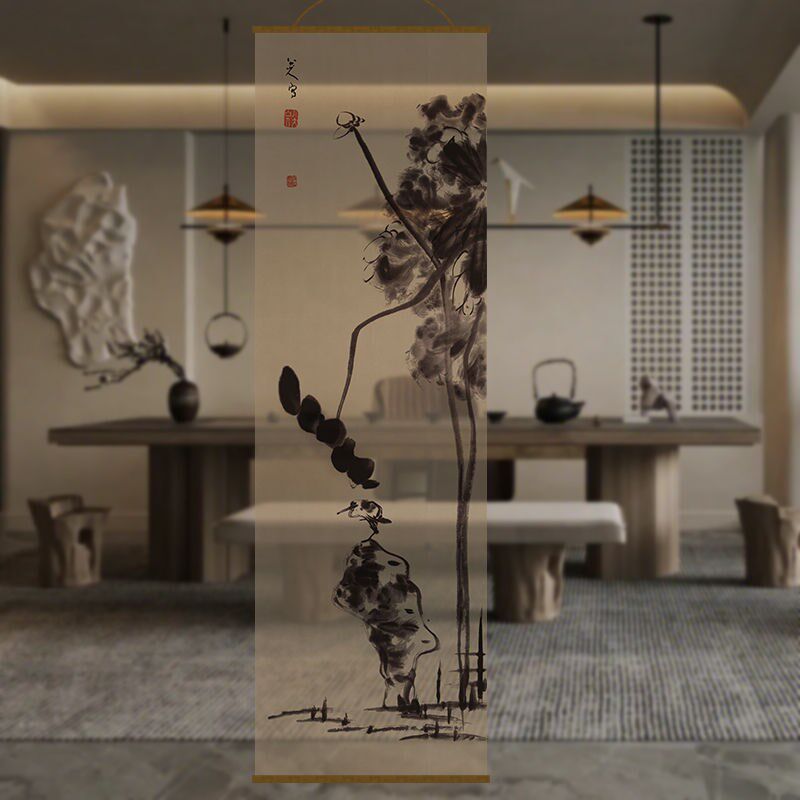 半透明荷花茶室透景屏风纱中式卷帘隔断帘挂帘水墨窗帘透光纱帘