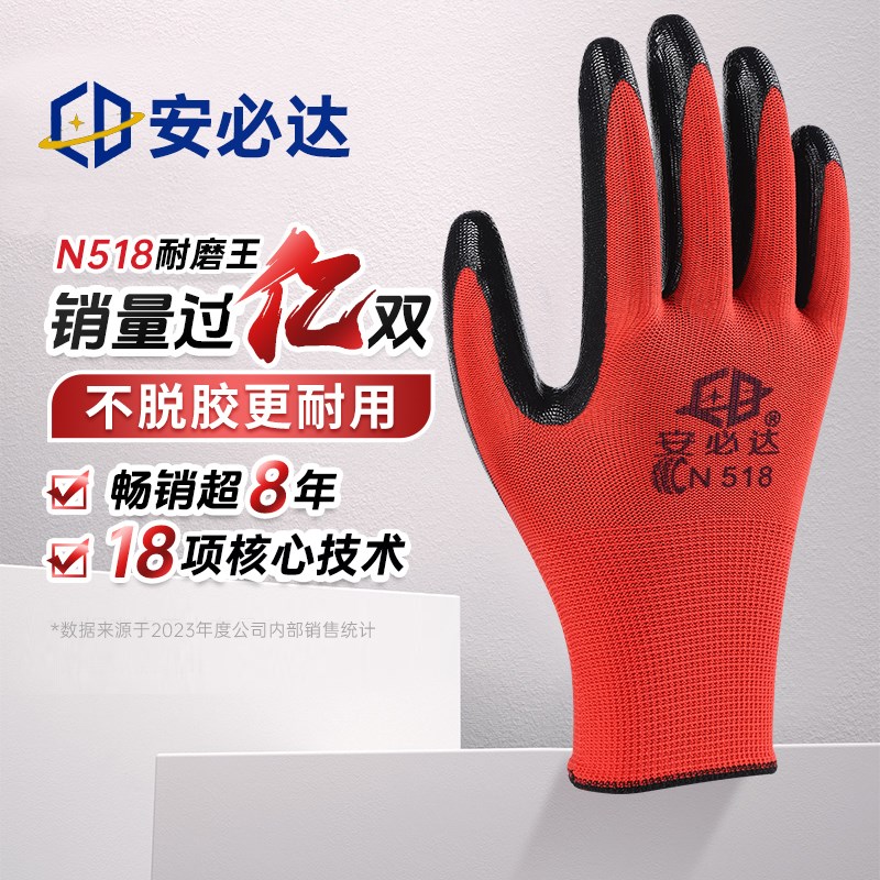 安必达N528劳保手套耐磨工作防滑丁腈橡胶皮涂胶劳动工地干活手套图片