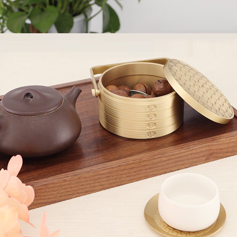 蒸蒸日上收纳盒中式居家纯黄铜摆件创意茶几收纳茶叶罐高档干果盒