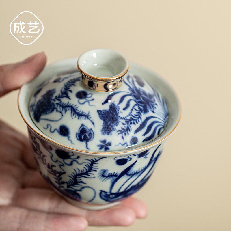 成艺陶瓷功夫茶具套装三才盖碗茶壶茶杯家用茶叶罐复古青花瓷整套