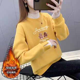 半高领加绒加厚卫衣女冬季2022新款韩版宽松设计感小众假两件上衣