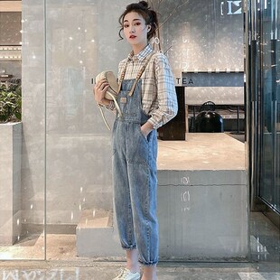 牛仔裤女2024春秋新款九分裤流行青春减龄学院风背带裤时尚直筒裤