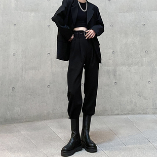 束口裤女高腰显瘦2023秋冬新款工装搭配马丁靴黑色哈伦西装裤垂感