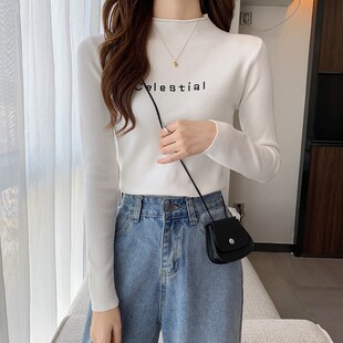 毛衣女2021春秋新款半高领修身紧身长袖针织衫洋气内搭短款打底衫