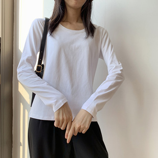 纯棉低圆领打底衫女t恤长袖修身紧身纯白色基础款上衣服内搭洋气