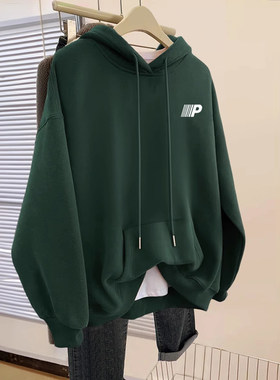 美式hiphop卫衣女2024新款爆款春秋薄款连帽绿色宽松大尺码胖mm外