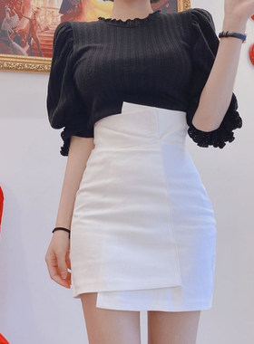 白色高腰半身裙不规则包臀裙女春秋新款修身裹裙黑色一步短裙显瘦