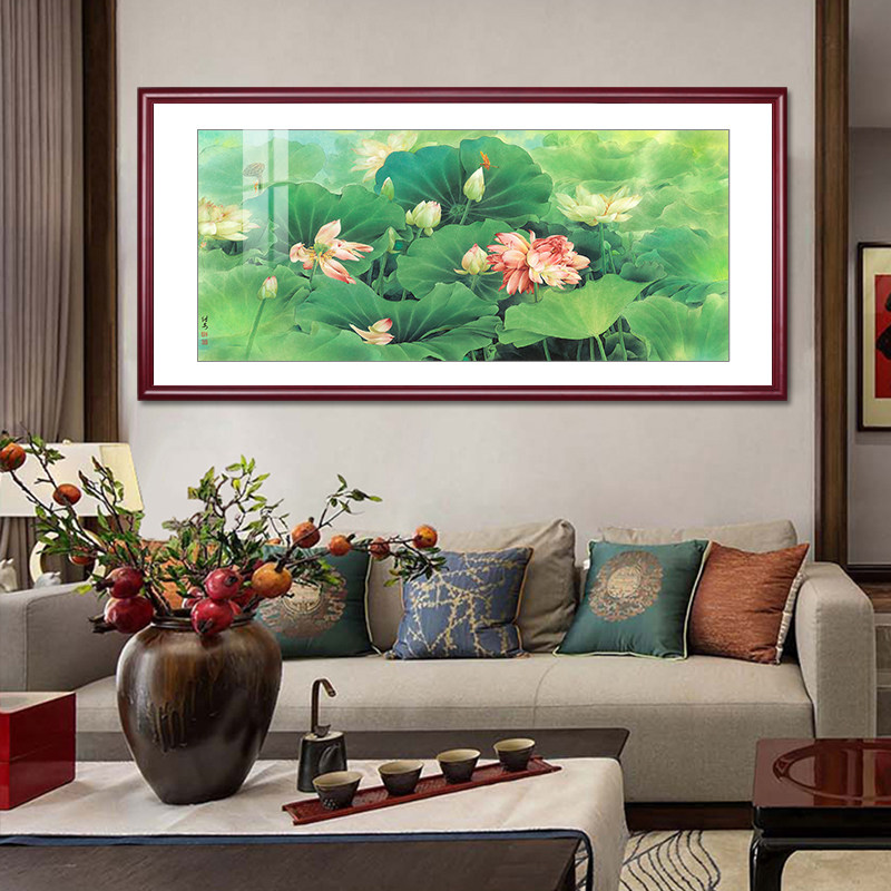 荷花图新中式客厅沙发背景墙装饰画办公室大幅山水画荷塘春色壁画