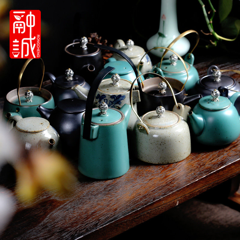 仿古茶壶提梁壶陶瓷复古泡茶器家用铜把单壶茶水壶日式功夫茶具