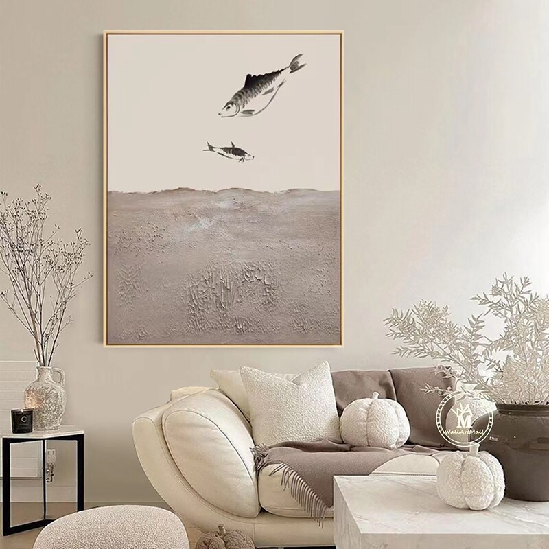 手工装饰画新中式手绘鱼入户玄关挂画客厅餐厅油画肌理画浮雕定制