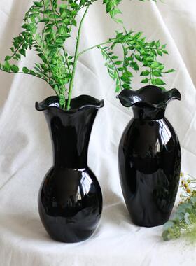 中古法式黑色玻璃花瓶轻奢荷叶边墨绿高级感客厅插花餐桌水培花瓶