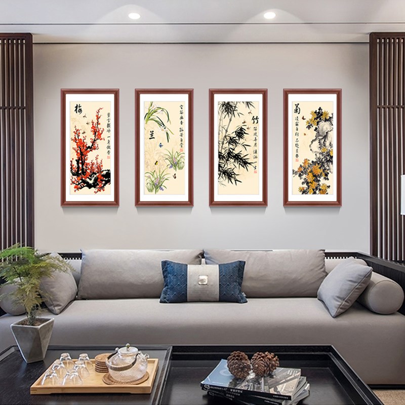 新中式装饰画客厅沙发墙画茶楼壁画 实木有框画书房挂画梅兰竹菊