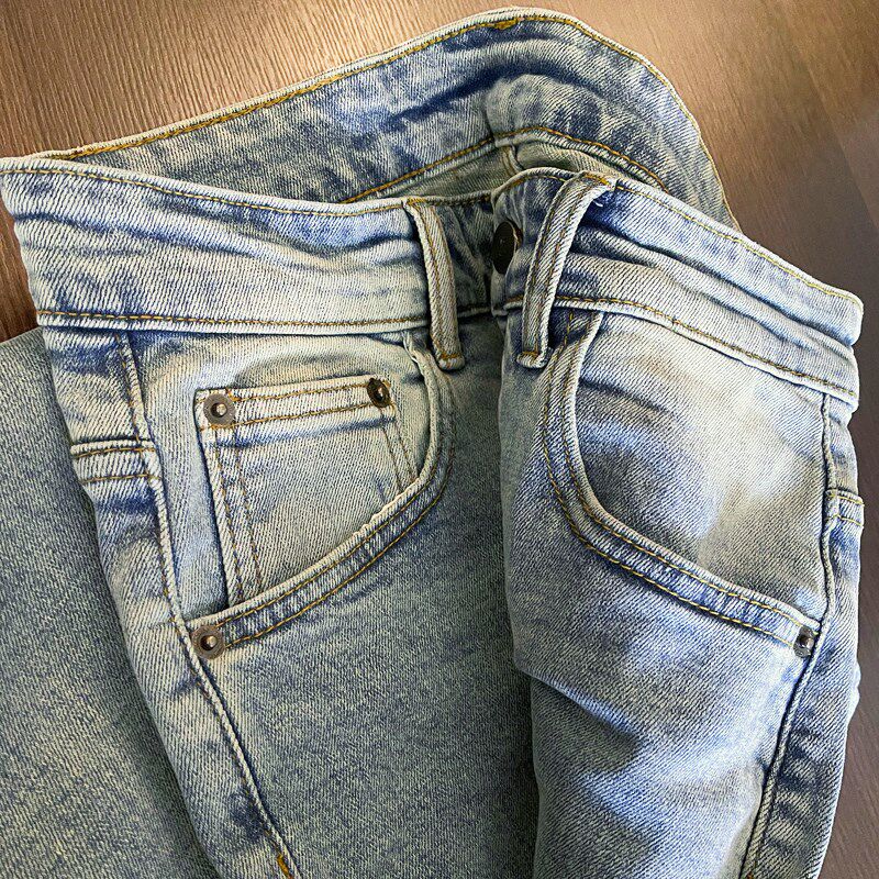九分牛仔裤男士修身小脚弹力韩版潮流浅蓝色水洗复古简约九分裤子