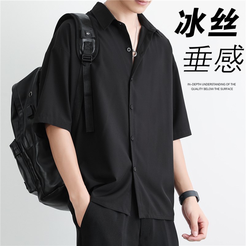 冰丝短袖衬衫男士外套夏季薄款潮流牌宽松上衣夏天休闲长袖衬衣服图片
