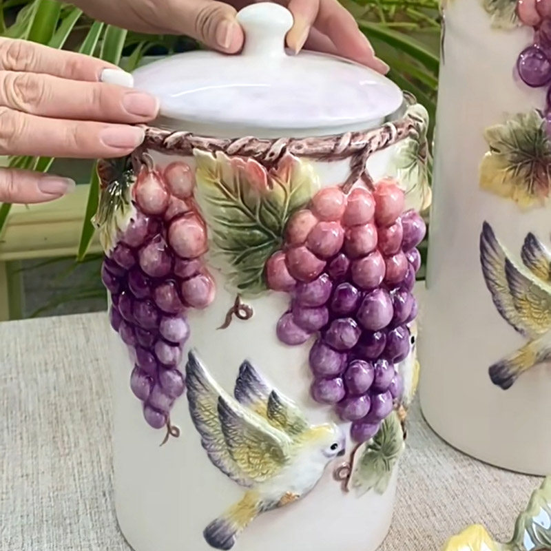 陶瓷美式密封罐葡萄小鸟装饰饼干点心糖果罐可装五谷杂粮糖茶叶罐