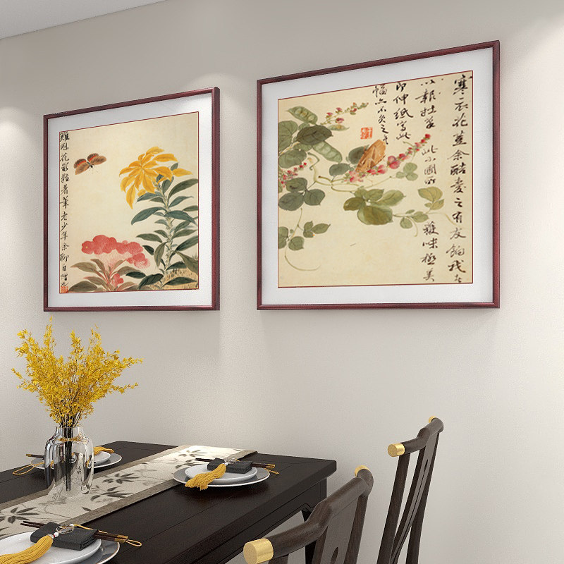 餐厅挂画新中式客厅沙发背景墙装饰画花鸟壁画斗方王武赏花图国画