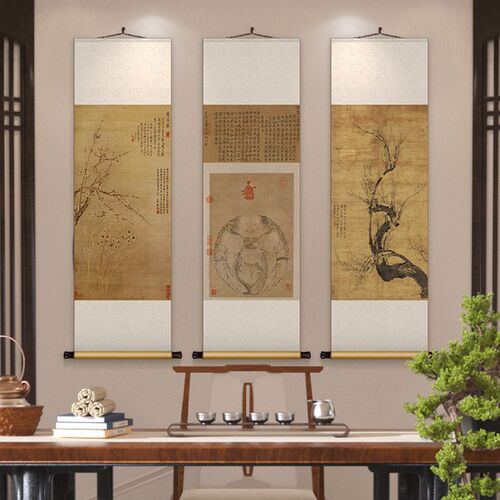 恽寿平梅兰花国画竖版新中式丝绸卷轴挂画书房茶室装饰画玄关墙画