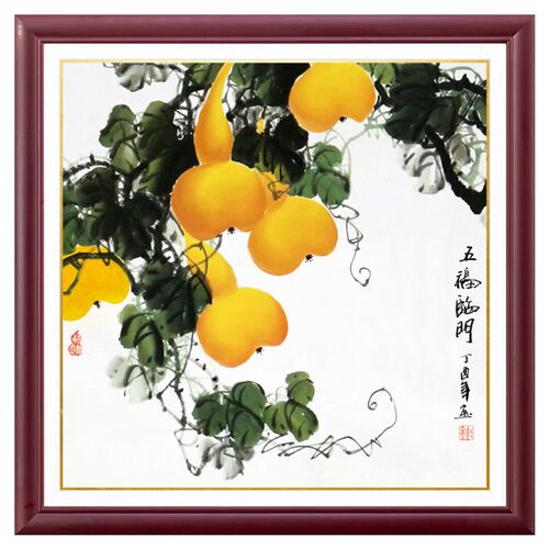 新中式装饰画客厅沙发挂画实木有框玄关餐厅墙画茶室国画五福临门