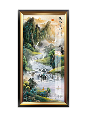 玄关装饰画走廊尽头竖版挂画聚宝盆新中式过道壁画流水生财山水画
