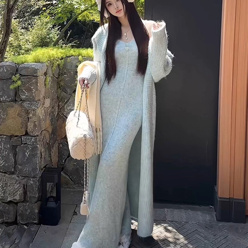 巨好看韩系早秋ootd穿搭一整套中长款毛衣开衫外套连衣裙两件套装