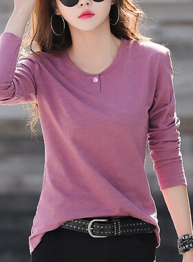 纯棉长袖t恤女打底衫2021新款竹节棉薄款上衣体恤妈妈洋气t桖小衫