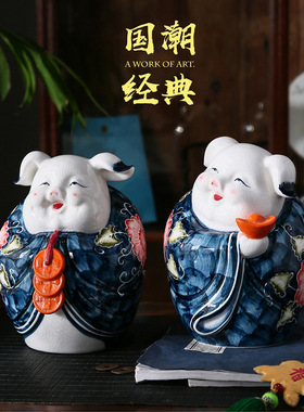 彩绘猪猪存钱罐国风复古经典五个猪系列家居精品陶瓷摆件送礼