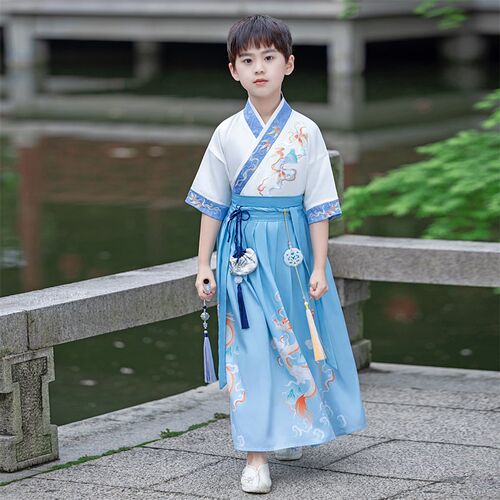 2025汉服男童夏季中国风薄款短袖清凉透气长款儿童古装六一演出服