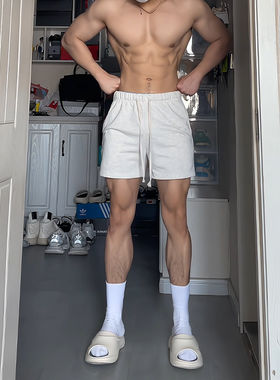 性张力穿搭男浅灰色健身短裤夏季纯棉透气运动裤子篮球训练三分裤
