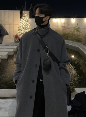 男士大衣外套宽松毛呢英伦风加厚毛呢加肥加大大码长款羊绒秋冬款