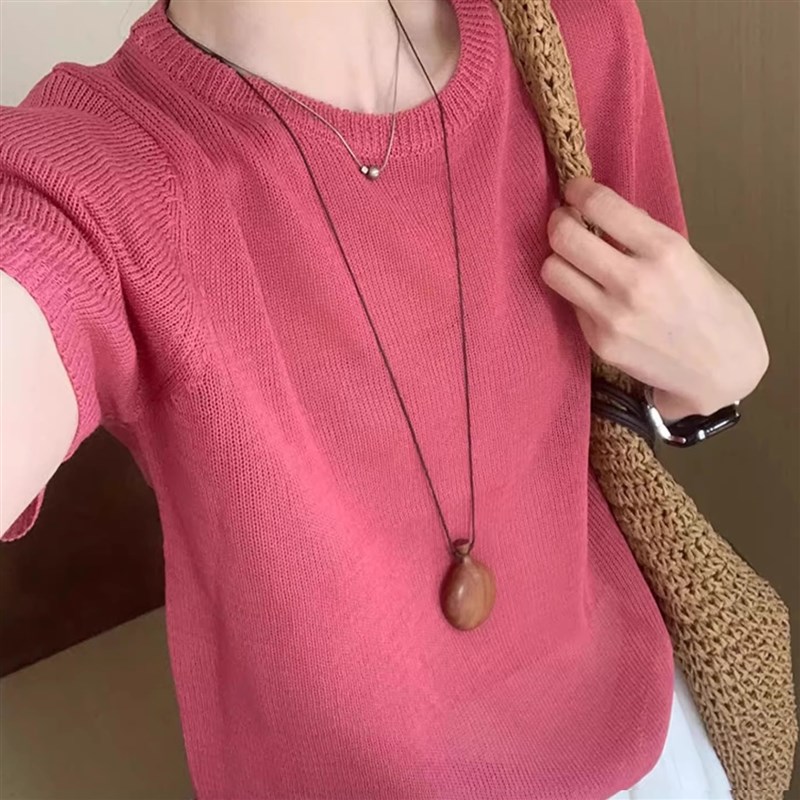 玫粉色冰丝针织短袖女夏日多巴胺穿搭独特漂亮正肩宽松T恤上衣薄图片