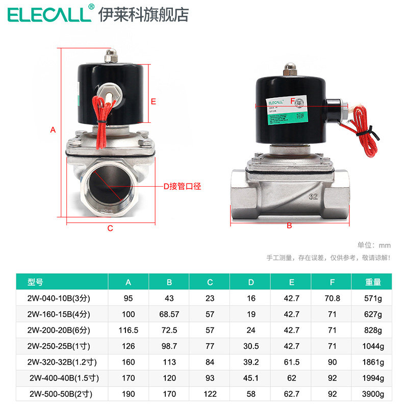 伊莱科不锈钢电磁阀水阀油阀气阀门4分2寸AC220V紫铜线圈家用常闭