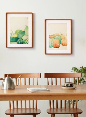 餐厅装饰画瓜果蔬菜丰收日式原木风法式实木榫卯画框双联网红挂画