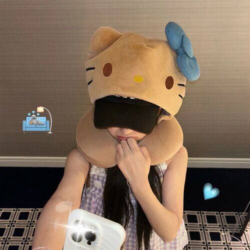 高颜值可爱小猫卡通午睡飞机护颈旅行坐车可携式办公室连帽帽子枕