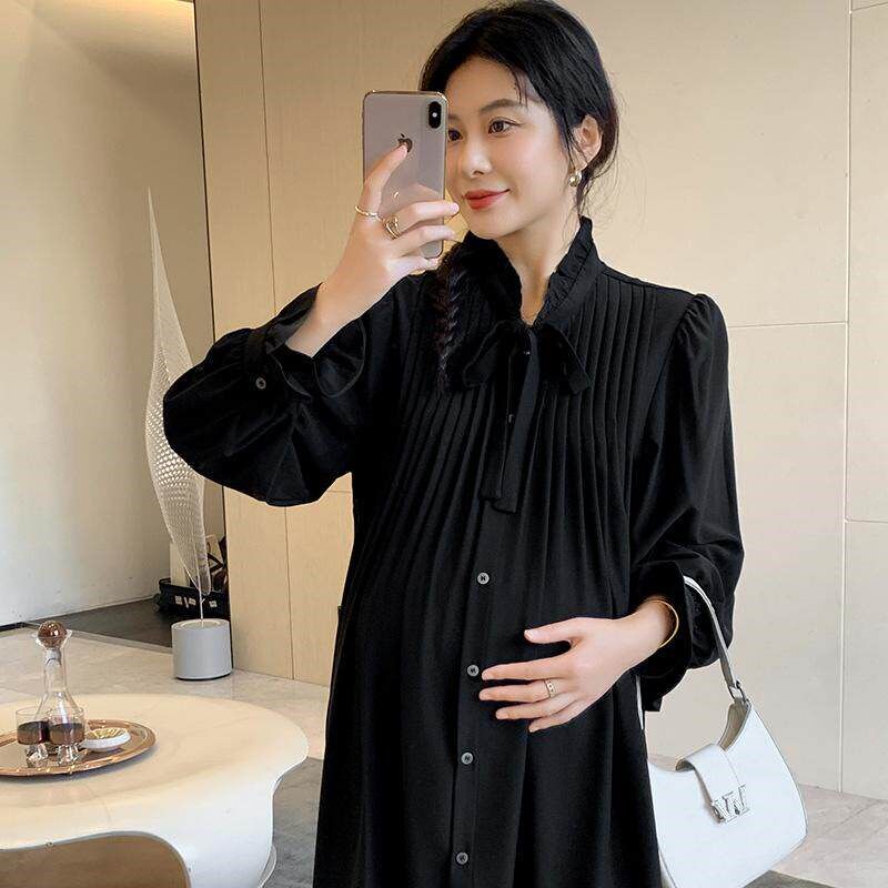 孕妇装春夏雪纺连衣裙时尚立领衬衫裙新中式百搭中长款孕妇裙