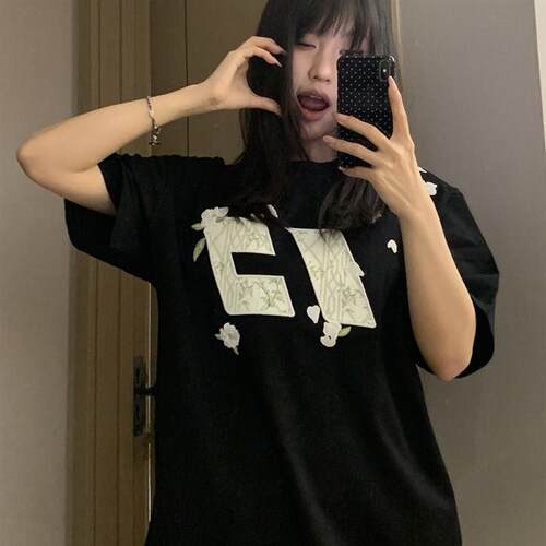 美式复古花伴竹刺绣短袖t恤男女纯棉宽松小众别致国潮牌情侣上衣