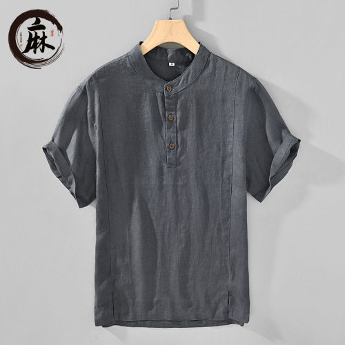 H002夏季新款100%全麻料翻领短袖polo衫男士中国风纯亚麻透气舒适
