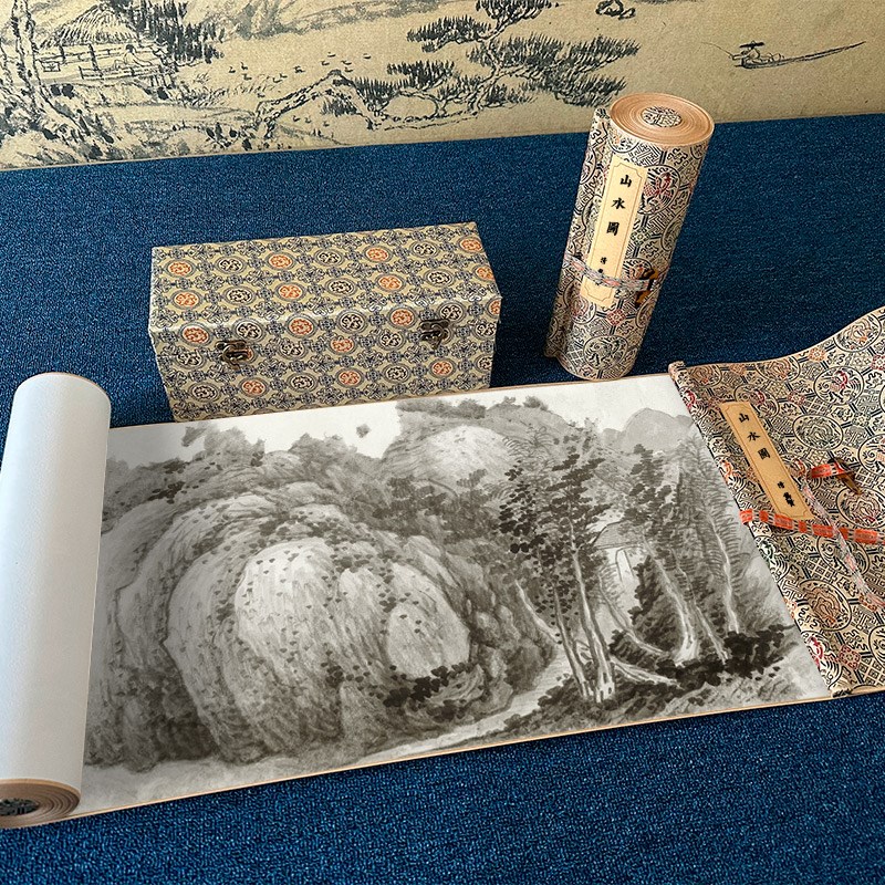 清龚贤山水图纸本高清微喷复刻名家字画临摹装裱长卷装饰画风景画
