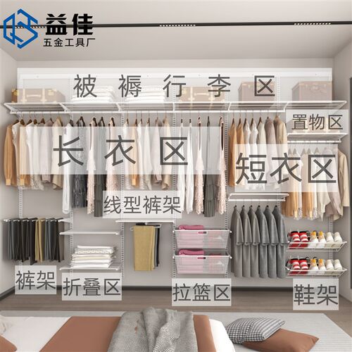 全金属2.25-1.45米宽开放式衣柜 砌墙挂衣网格板置物收纳衣帽间架