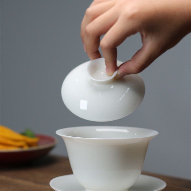 羊脂玉瓷白瓷盖碗 传统潮州功夫茶具三才杯 陶瓷茶碗 乌龙泡茶碗