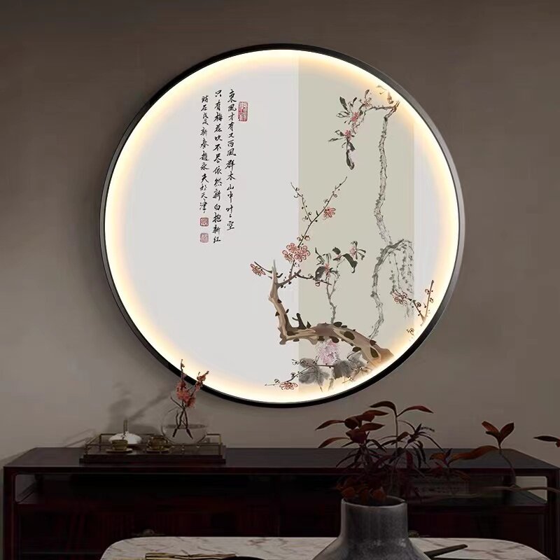 新中式玄关圆形装饰画书房茶室氛围灯画水墨禅意花鸟意境古风挂画