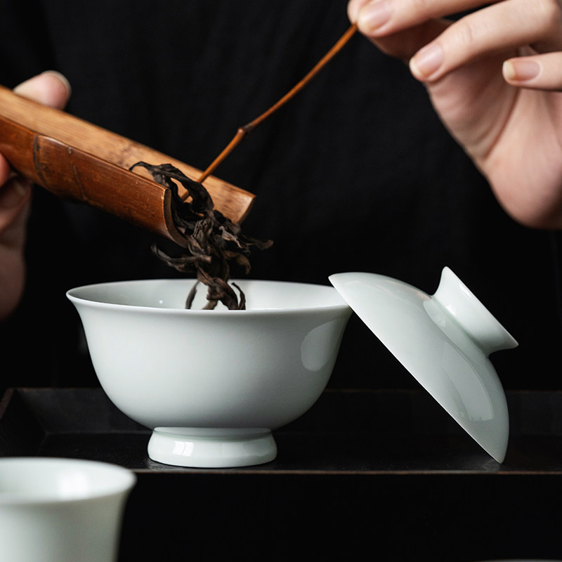 陶瓷影青二才盖碗茶杯功夫茶具套装家用不烫手小号泡茶器单个茶碗