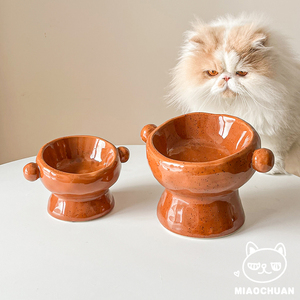 喵川铺子猫碗陶瓷猫食盆高脚斜口保护颈椎防打翻大口径小狗碗
