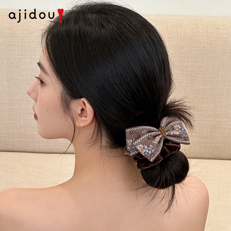 AJIDOU阿吉豆蝴蝶结发圈丝绒小肠发绳腰果花发饰女款丸子头扎头绳