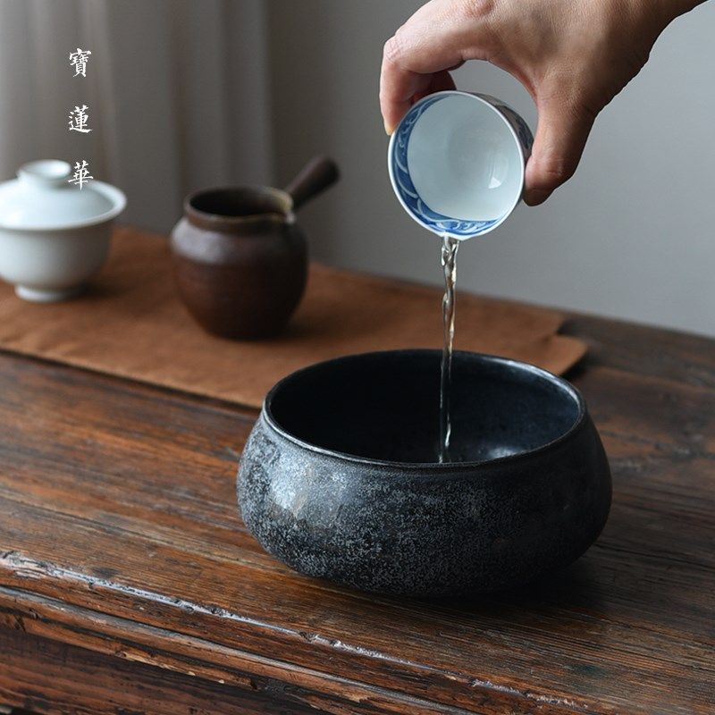 天然金刚黑石水洗 水盂建水茶洗笔洗 茶海装茶渣盆石花盆禅意摆件
