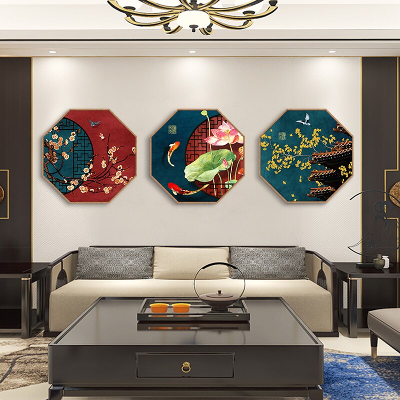 新中式玄关古典卧室装饰画城墙八边形客厅挂画花鸟中国风餐厅定做