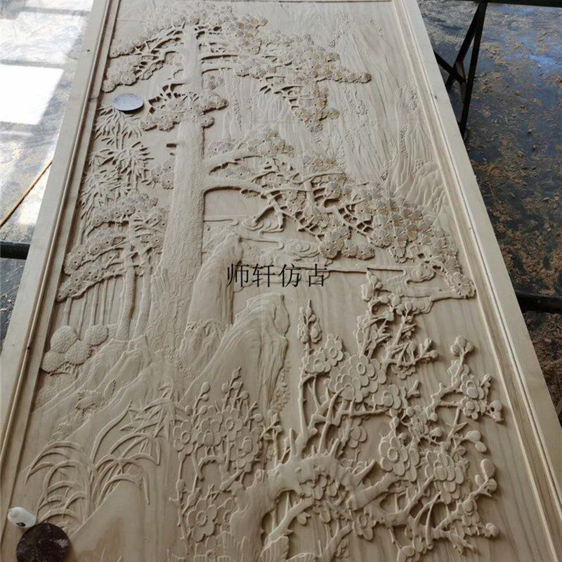 东阳木雕迎客松实木山水雕花板手工浮雕通花板玄关隔断背景墙定制
