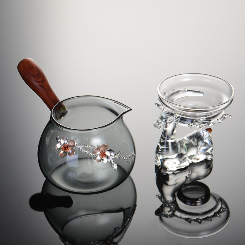 玻璃耐高温公道杯个性镶锡侧把加厚高档耐热茶漏一体公杯茶具配件